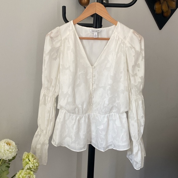 Elizabeth and James White Floral Blouson Peplum Long Sleeve Blouse Size S - Picture 1 of 9